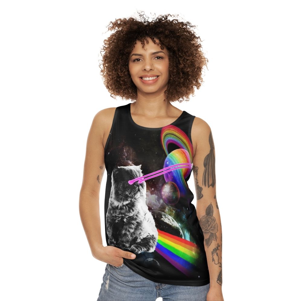 Cosmic cat in a galaxy tank top - women