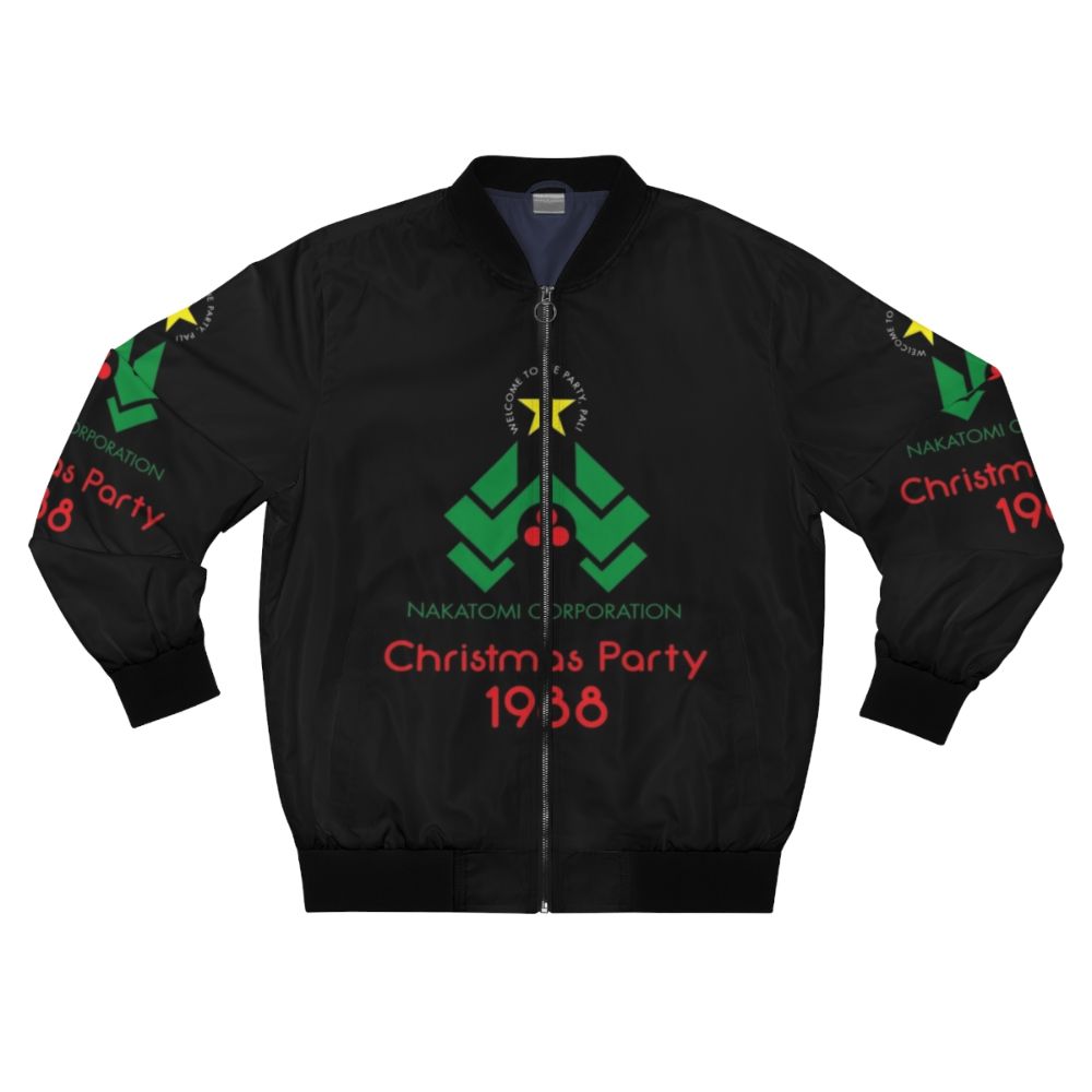 A stylish bomber jacket featuring the Die Hard movie logo, Christmas tree, and "Yippee ki yay" quote.