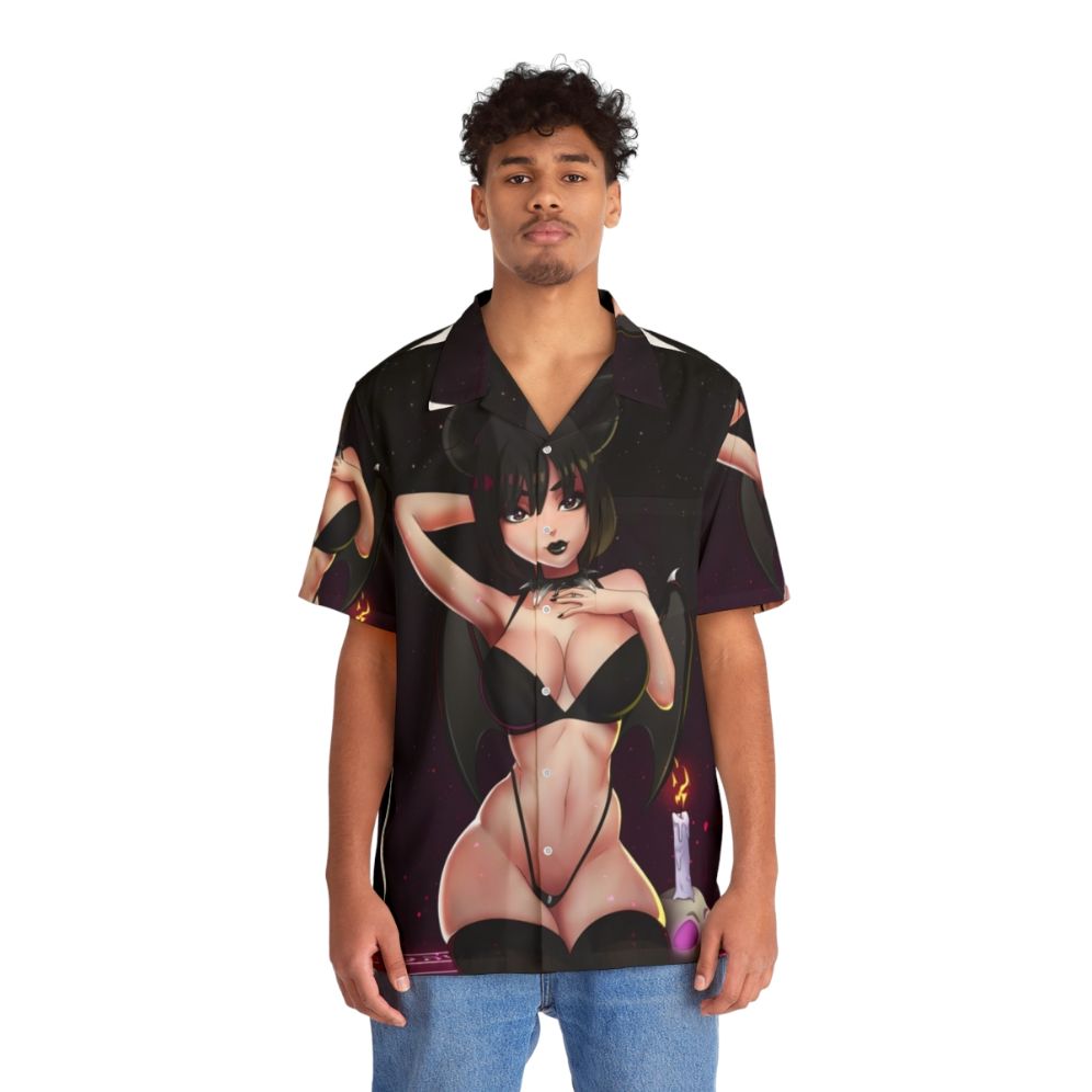 Alluring succubus girl wearing a vibrant Hawaiian shirt - People Front