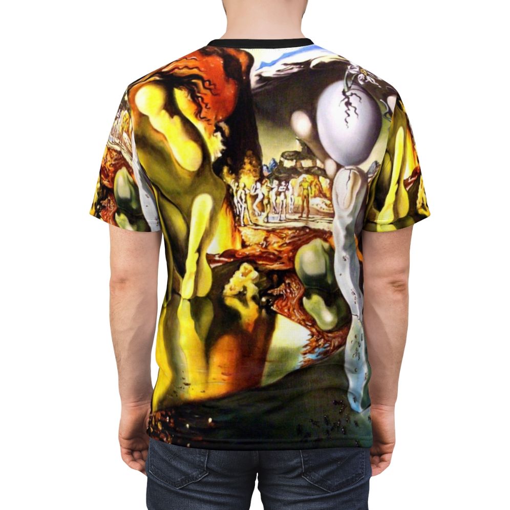 Surreal art t-shirt featuring Salvador Dali's "Metamorphosis of Narcissus" painting - men back