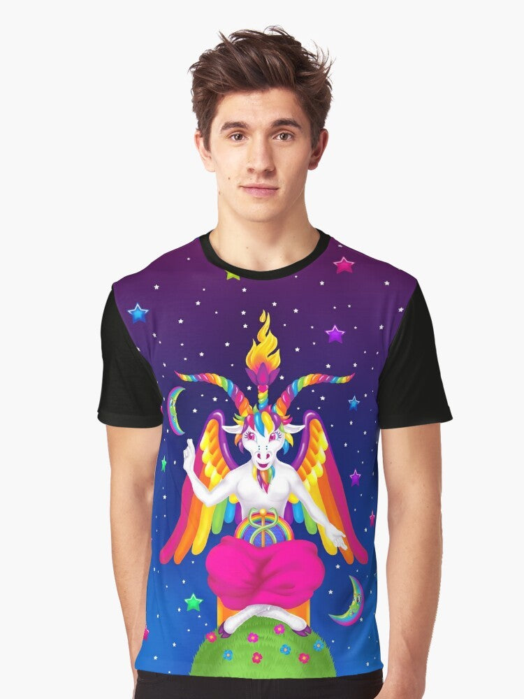 1990s neon rainbow graphic t-shirt with baphomet design - Men