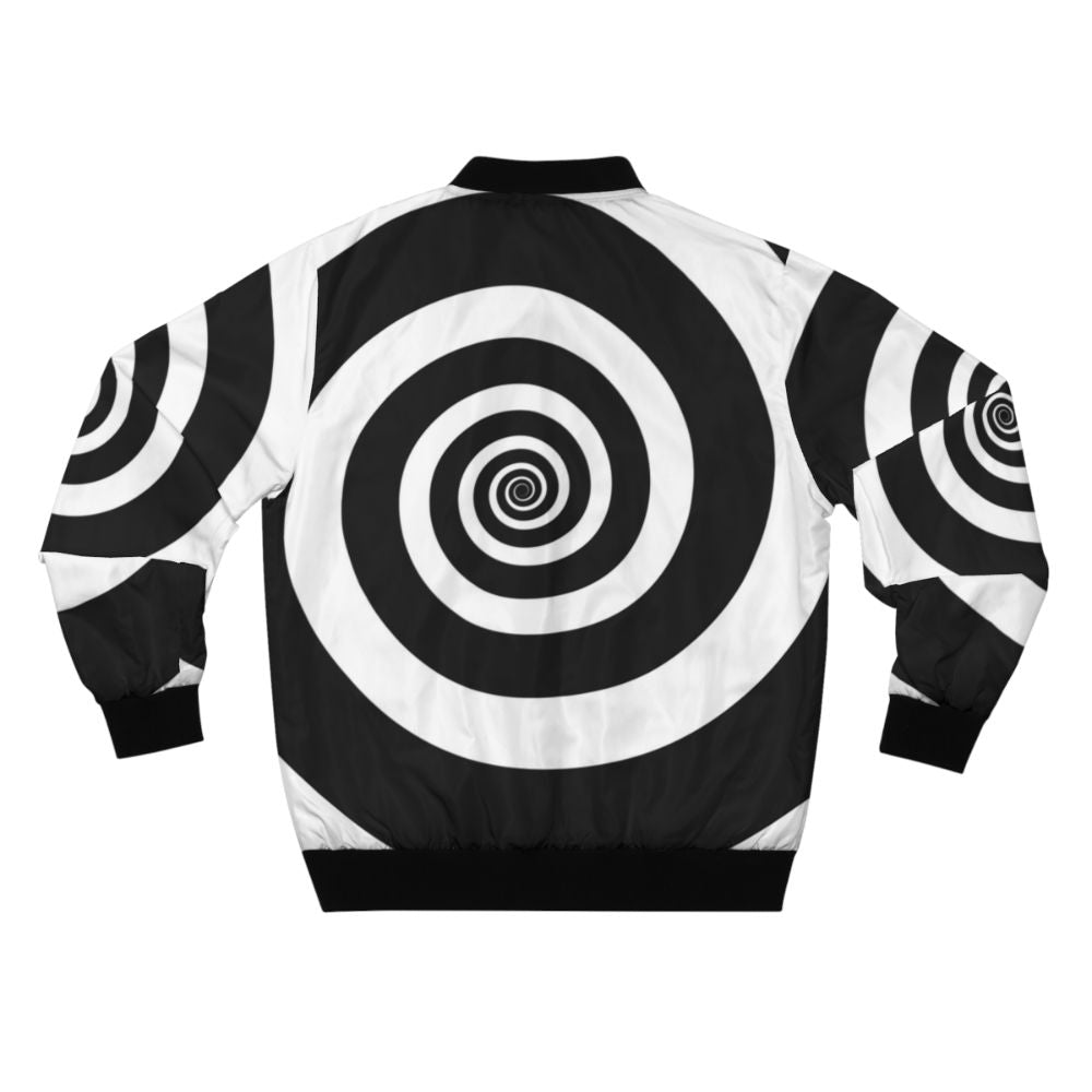 A black and white bomber jacket with a hypnotic spiral visual illusion pattern, perfect for a retro or psychedelic look. - Back