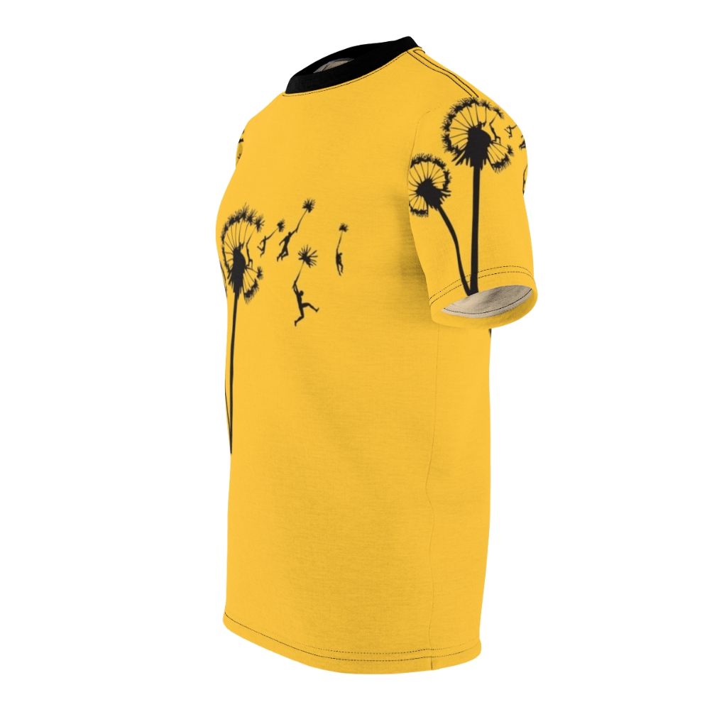 Whimsical illustration of dandelion seeds floating in the wind, with stylized human silhouettes - men left