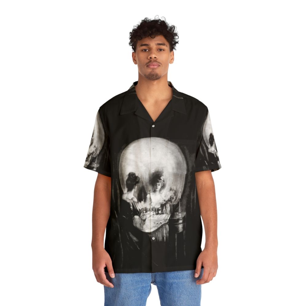 Gothic 'All Is Vanity' Hawaiian Shirt featuring a black and white skull and mirror design - Lifestyle