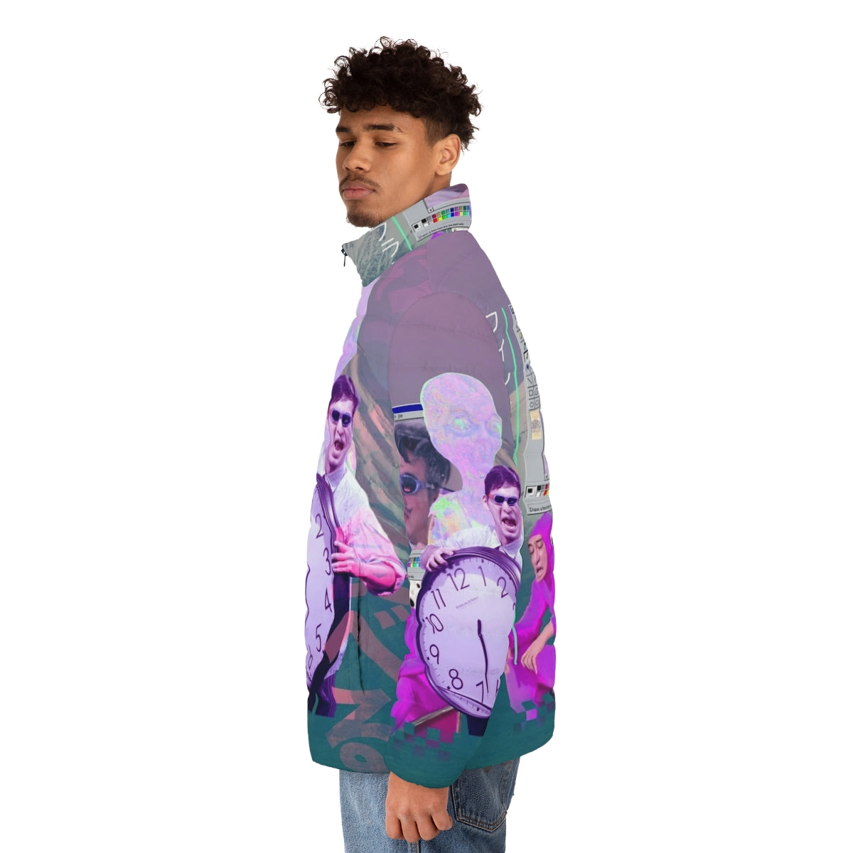 Filthy Frank 420 vaporwave puffer jacket with retro 90s aesthetic - men side left