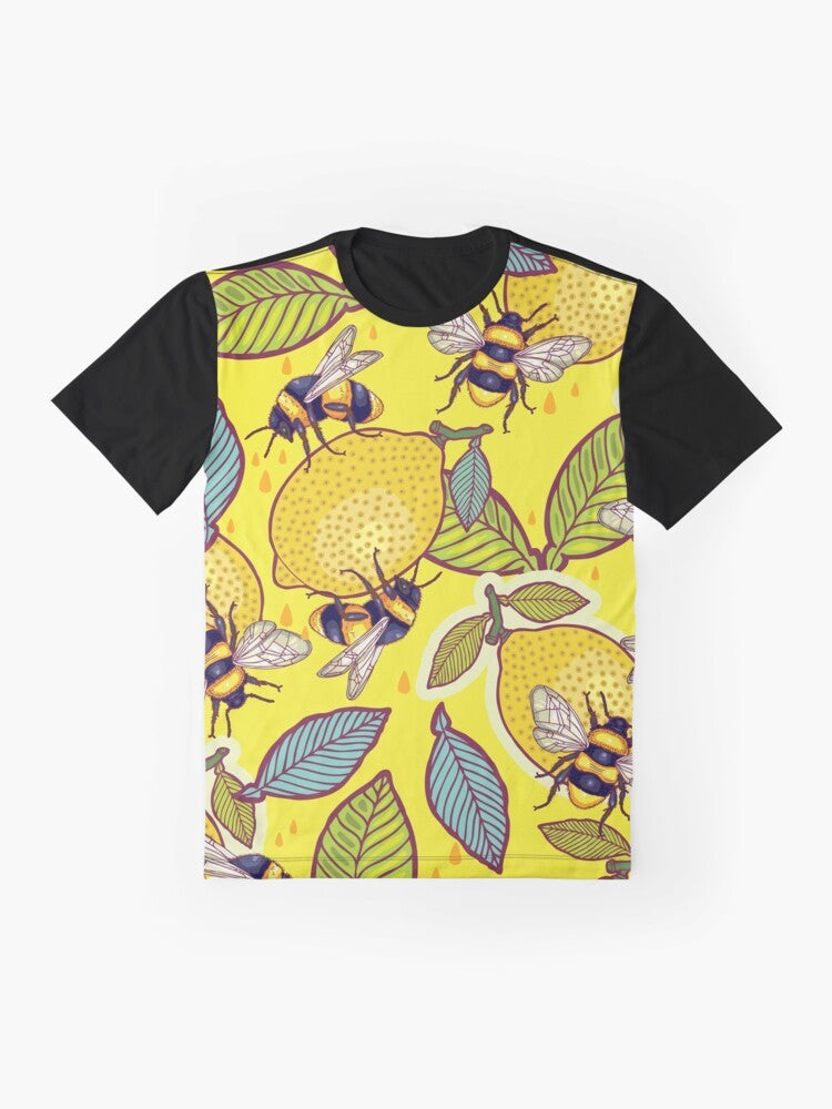 Graphic t-shirt design featuring a yellow lemon, bee, and garden elements - Flat lay