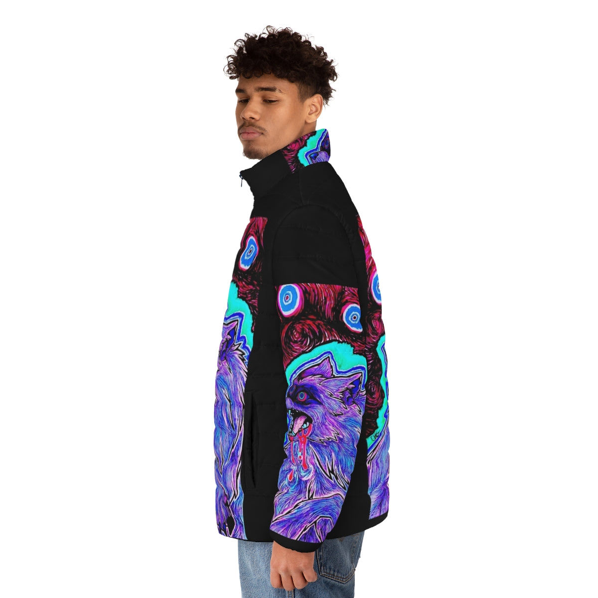 Psychedelic puffer jacket with surreal animal head design - men side left