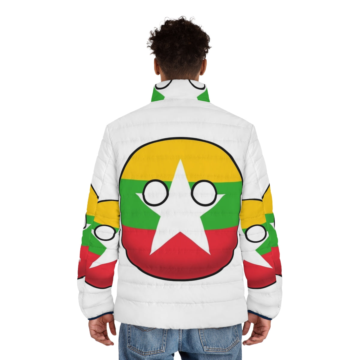 Myanmar Countryball Puffer Jacket featuring the flag and cultural elements of Myanmar - men back