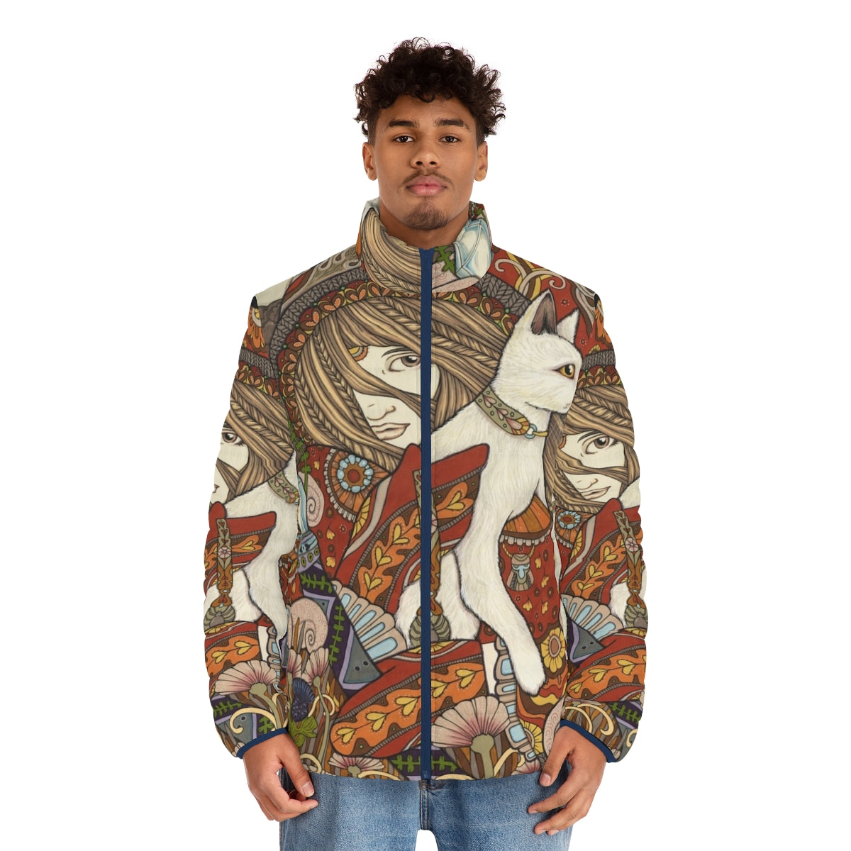 Visionary puffer jacket with tarot, owl, and cat motifs - men front