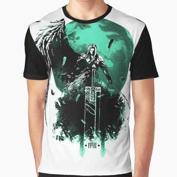 Final Fantasy VII t-shirt featuring the iconic characters Sephiroth and Cloud with the buster sword and materia