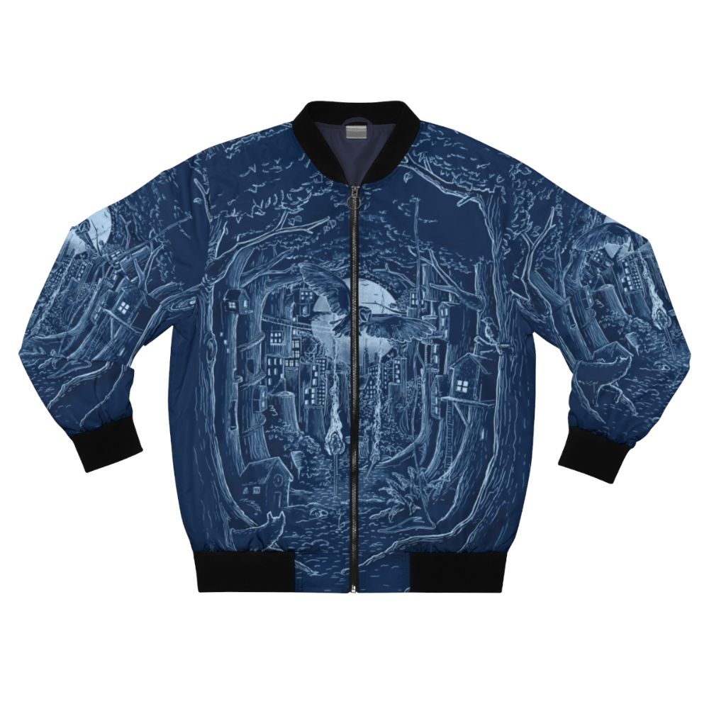 Midnight City Bomber Jacket featuring a nature-inspired design with a city skyline, moon, and forest animals.