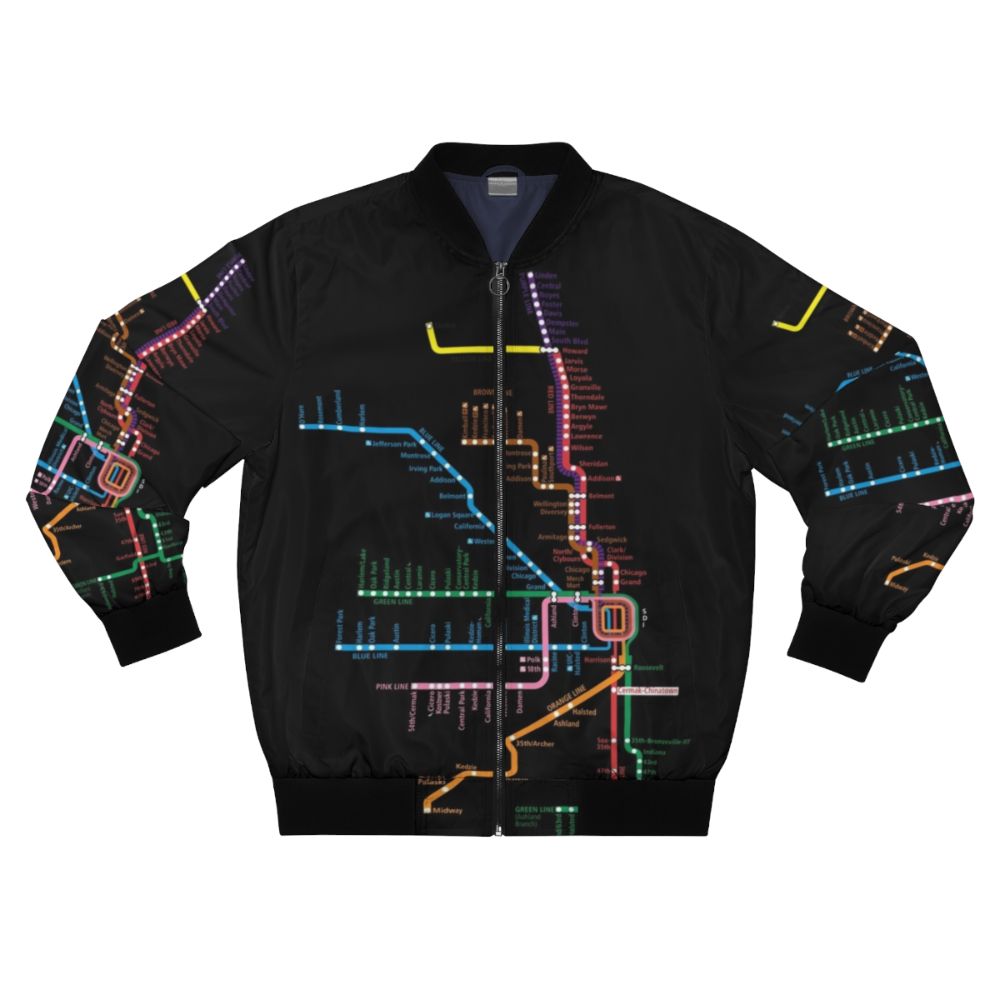 Chicago Trains Map Bomber Jacket featuring a graphic design of the CTA rail map