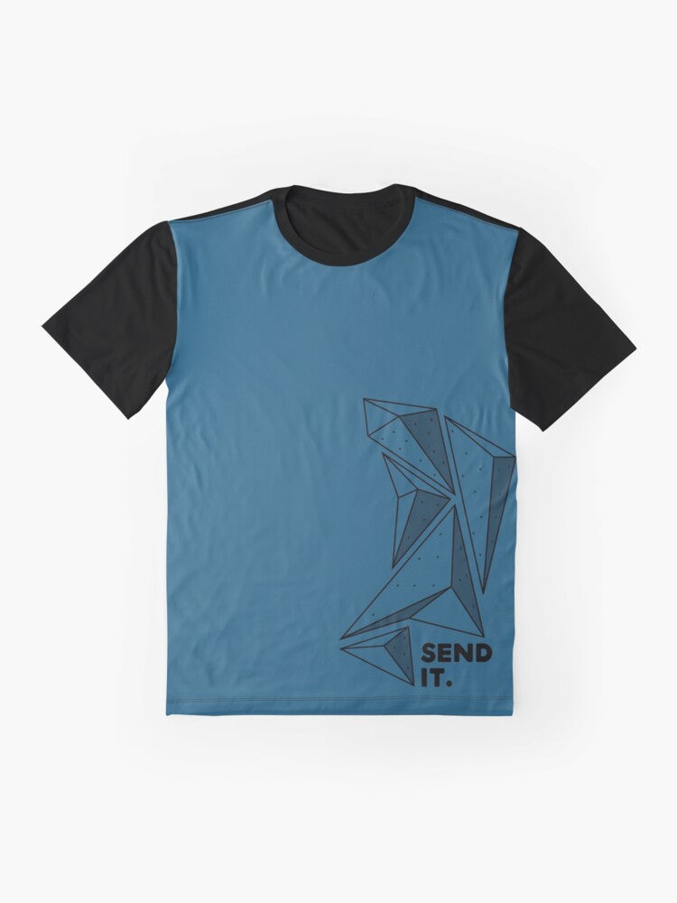 A person wearing a graphic t-shirt with the text "SEND IT" and climbing/bouldering motif - Flat lay