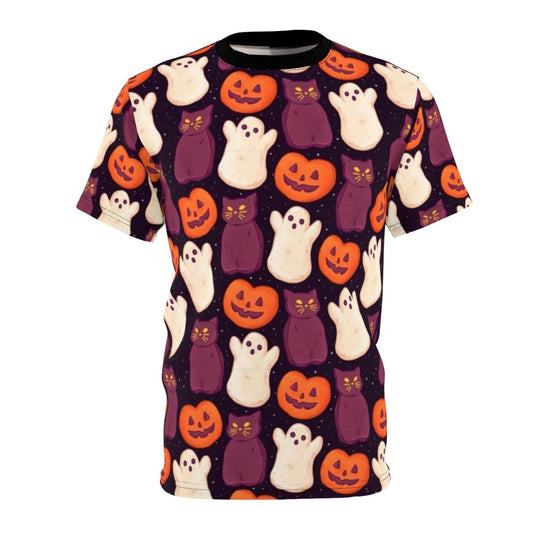 A Halloween-themed t-shirt with a design featuring marshmallows, pumpkins, and ghosts in a spooky but cute pattern.