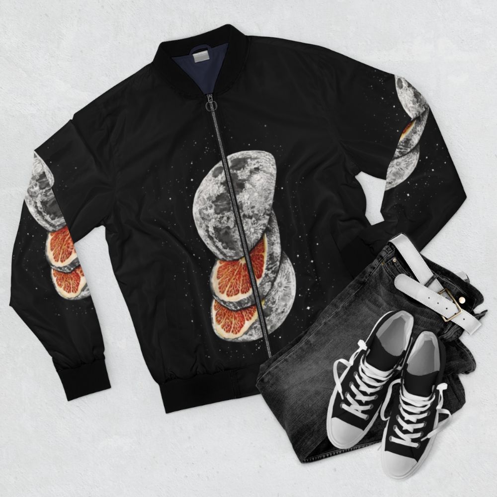 A unique bomber jacket featuring a surreal print of a moon and space-themed fruit design - Flat lay