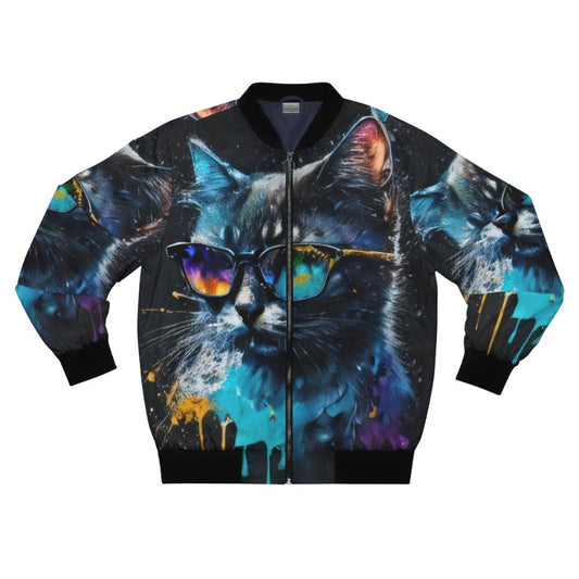 A cool cat wearing sunglasses in a multicolored drip art design on a bomber jacket.