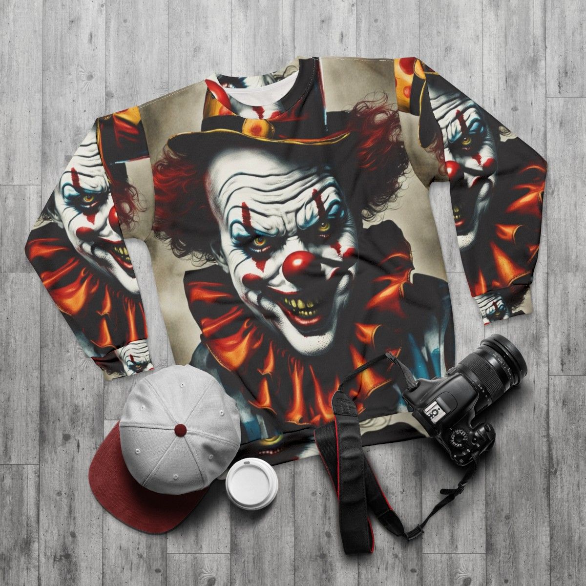 Creepy Clown Sweatshirt for Halloween - flat lay