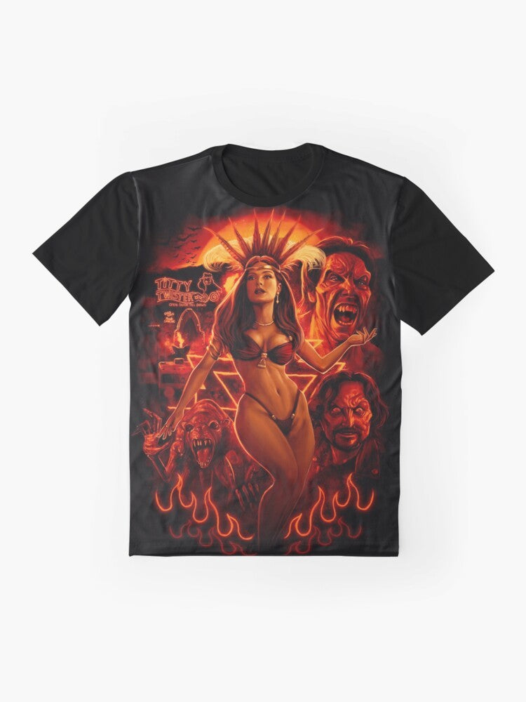 Salma Hayak as Santanico Pandemonium from the 1996 horror movie "From Dusk Till Dawn" graphic t-shirt - Flat lay