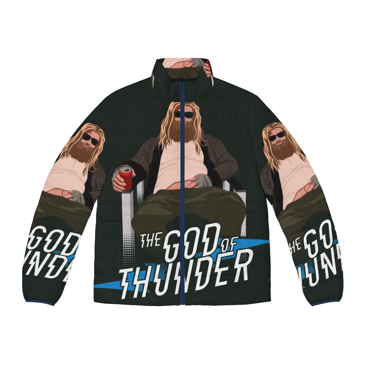 The God of Thunder Puffer Jacket featuring a Thor-inspired design with lightning bolts and Avengers elements