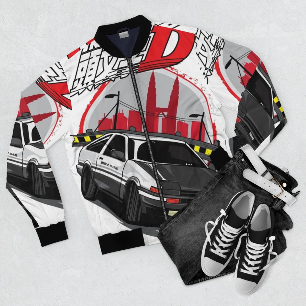 Initial D Bomber Jacket featuring the iconic Toyota Corolla AE86 "Hachiroku" car from the anime series - Flat lay