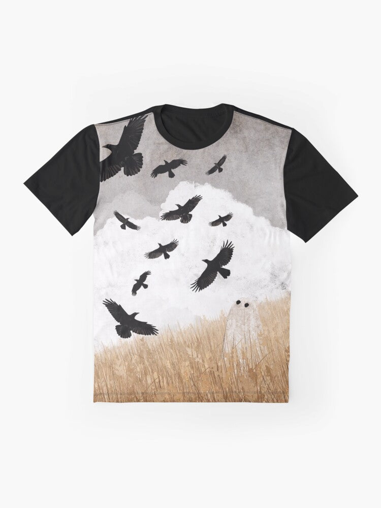 Vintage-style graphic t-shirt featuring crows and fall/Halloween imagery - Flat lay