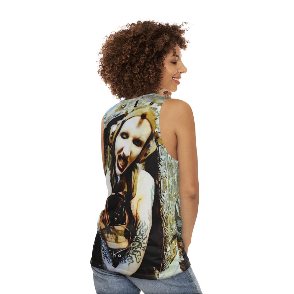 Unisex tank top with Marilyn Monroe and music band design - women back