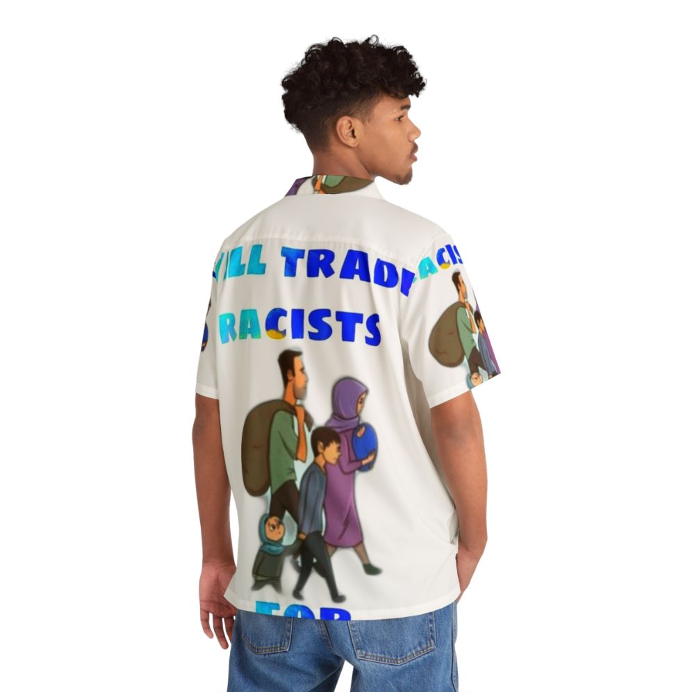 Anti-Racism Hawaiian Shirt with "Trade Racists for Refugees" Text - Flat lay