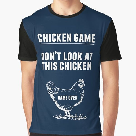 Humorous graphic t-shirt featuring a "Don't Look at This Chicken" design with a game over message, a funny chicken joke for chicken lovers.