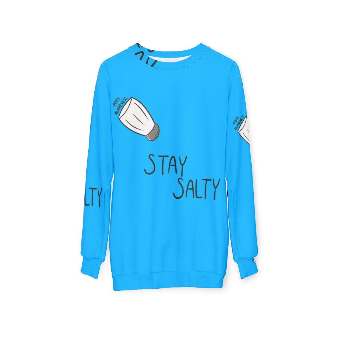 Stay Salty POTS Awareness Sweatshirt featuring a blue design with text - hanging