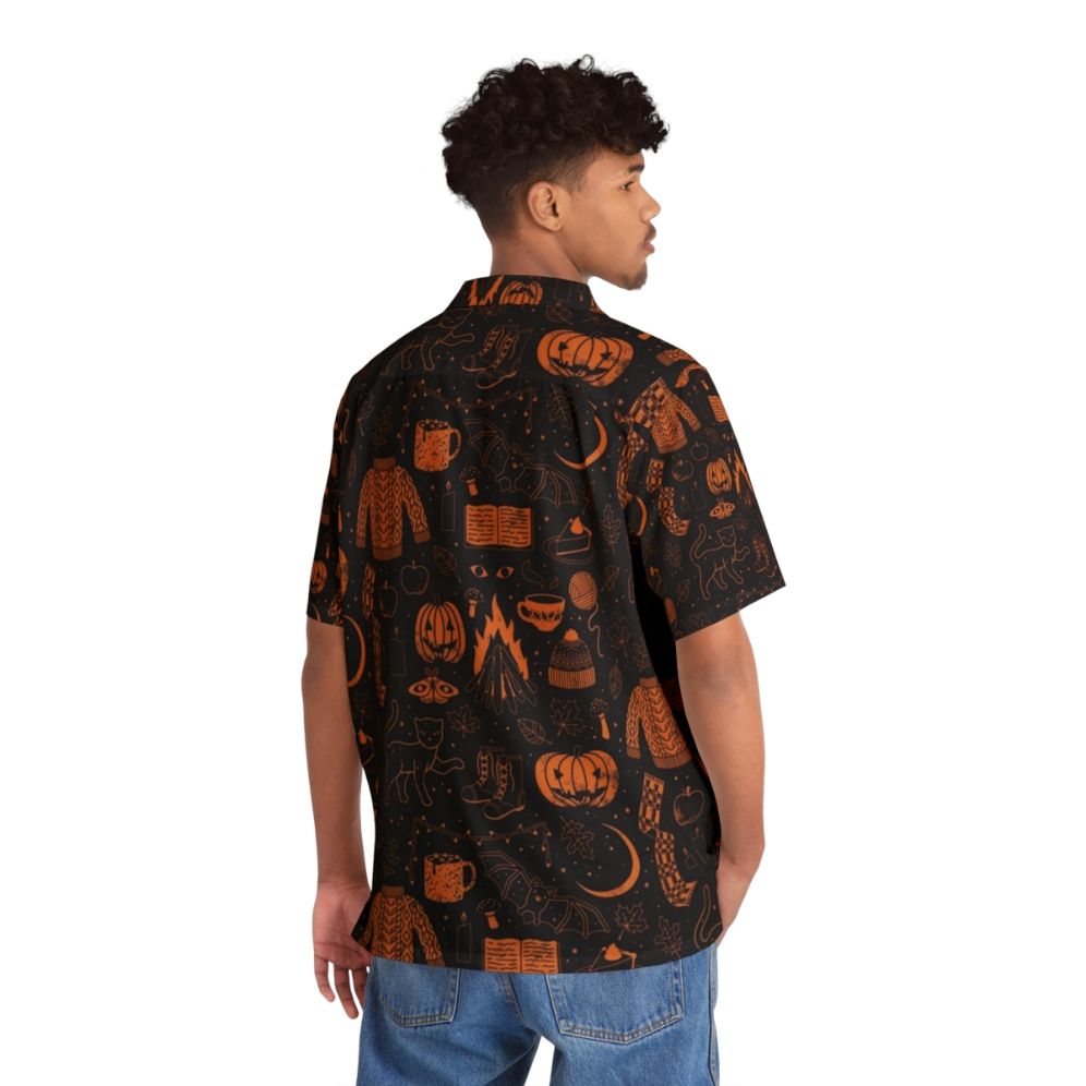 Autumn Nights Halloween Hawaiian Shirt with pumpkins, black cats, and fall foliage - People Back