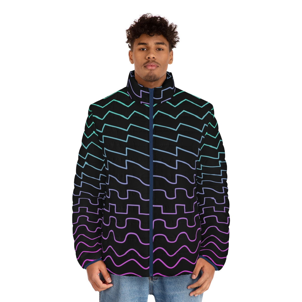 Puffer jacket featuring synthesizer waveforms design, perfect for electronic musicians and synth players. - men front