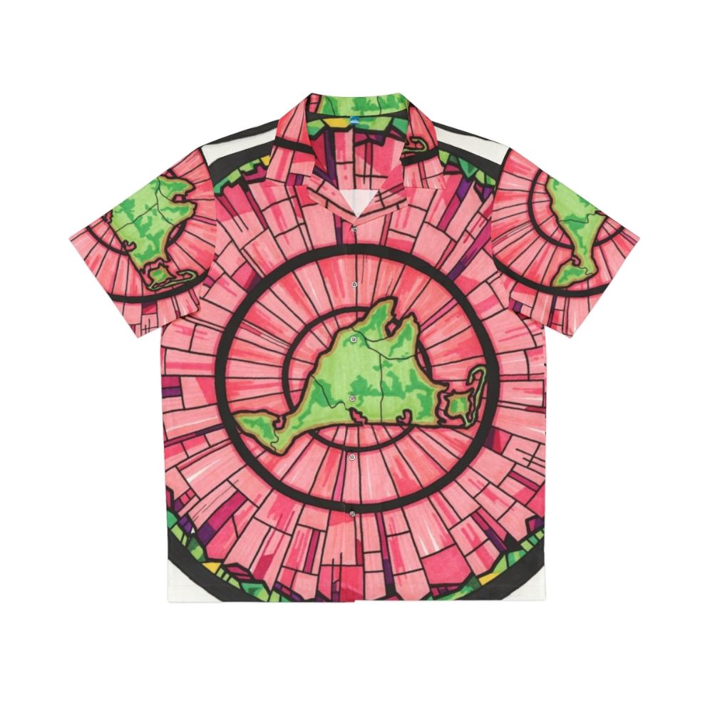 Martha's Vineyard pink and green Hawaiian shirt with stained glass and concentric circle motif