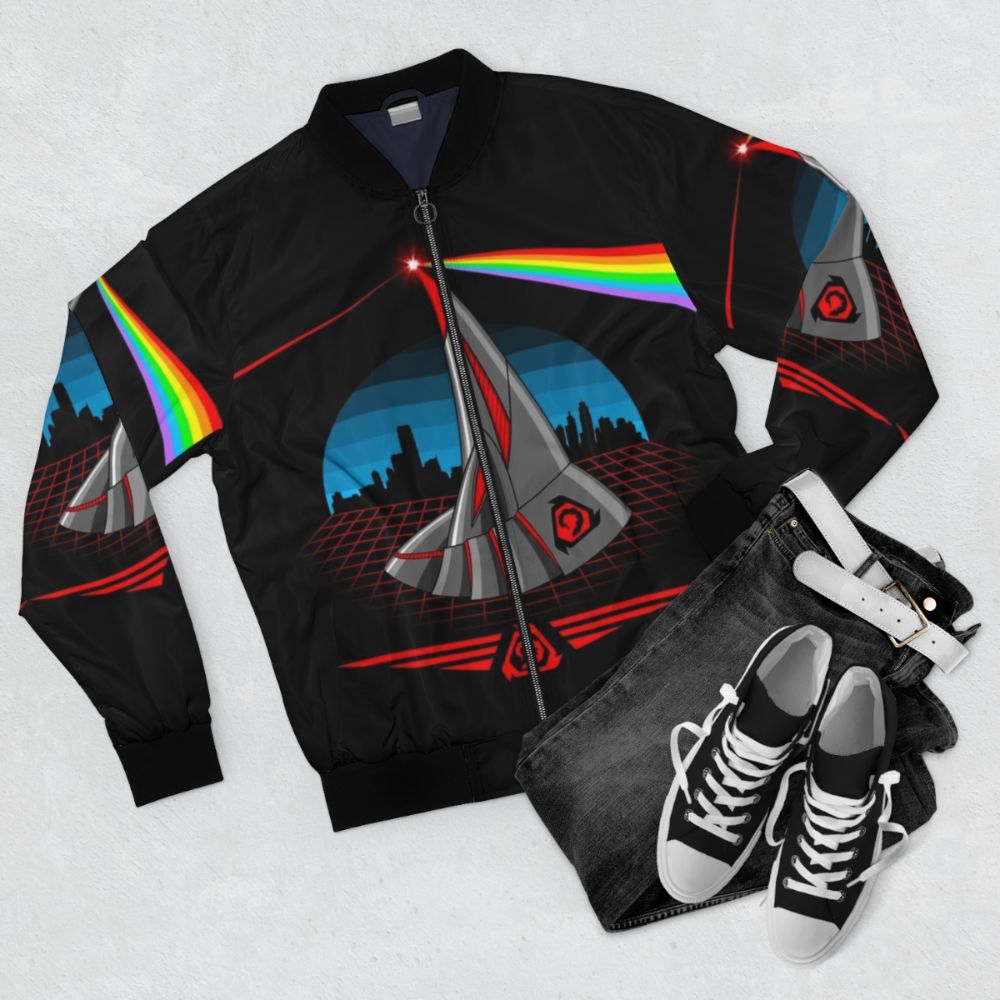 Dark Side of Nod retro bomber jacket with synthwave and 80s aesthetic design - Flat lay