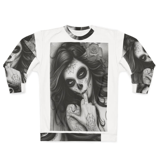 Chicano Style Sweatshirt with Unique Skull and Tattoo Design