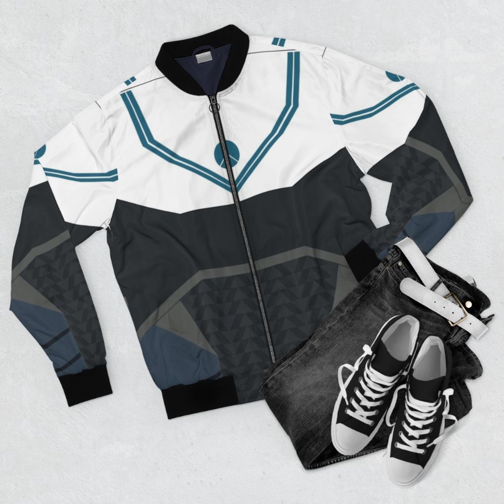 Destiny-inspired bomber jacket with Hunter Parade Armour design - Flat lay