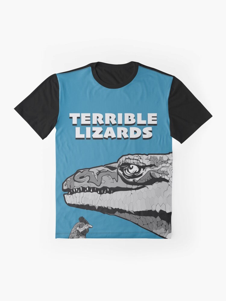 Terrible Lizards Graphic T-Shirt featuring a dinosaur, megalosaurus, and other prehistoric creatures - Flat lay