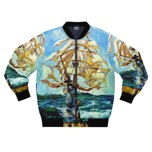 A vibrant and surreal abstract fantasy painting of a ship on a bomber jacket