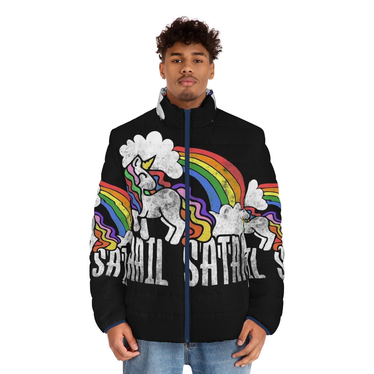 Retro rainbow unicorn puffer jacket with satanic design - men front