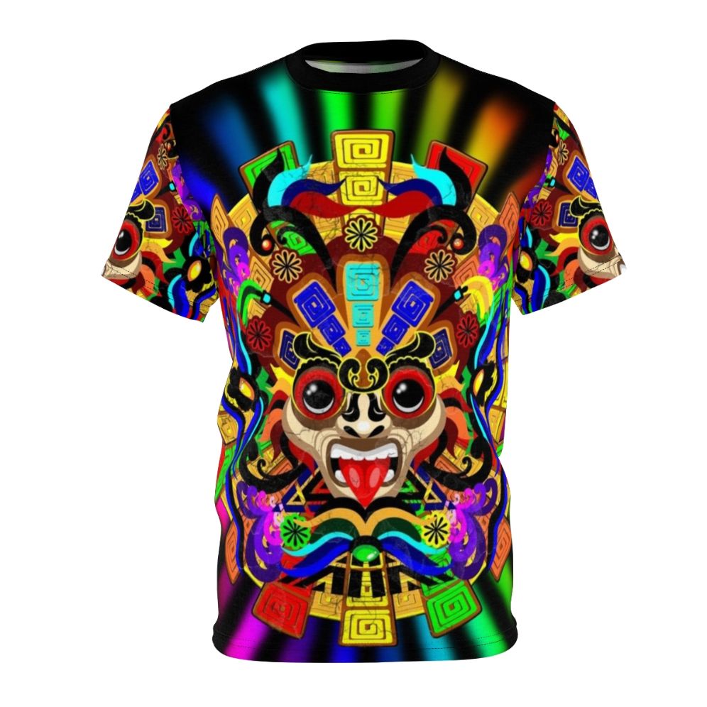 Colorful Aztec warrior mask design on a t-shirt