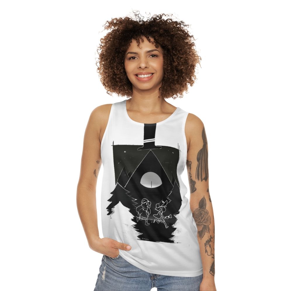 Gravity Falls inspired unisex tank top featuring Dipper, Mabel and Bill Cipher - women