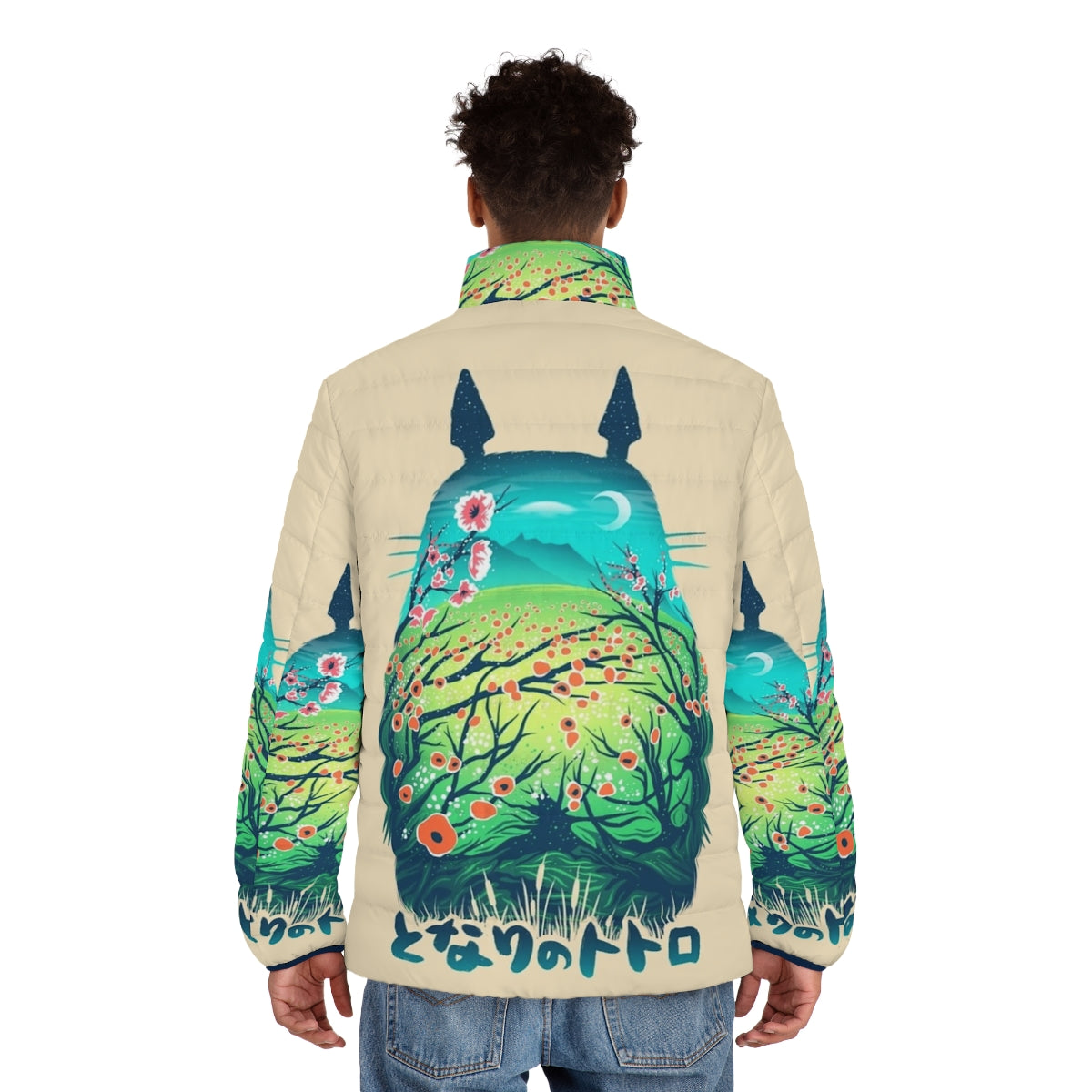 A cozy puffer jacket featuring an anime-inspired design with a fantasy forest landscape and a stylish "neighbor" graphic. - men back