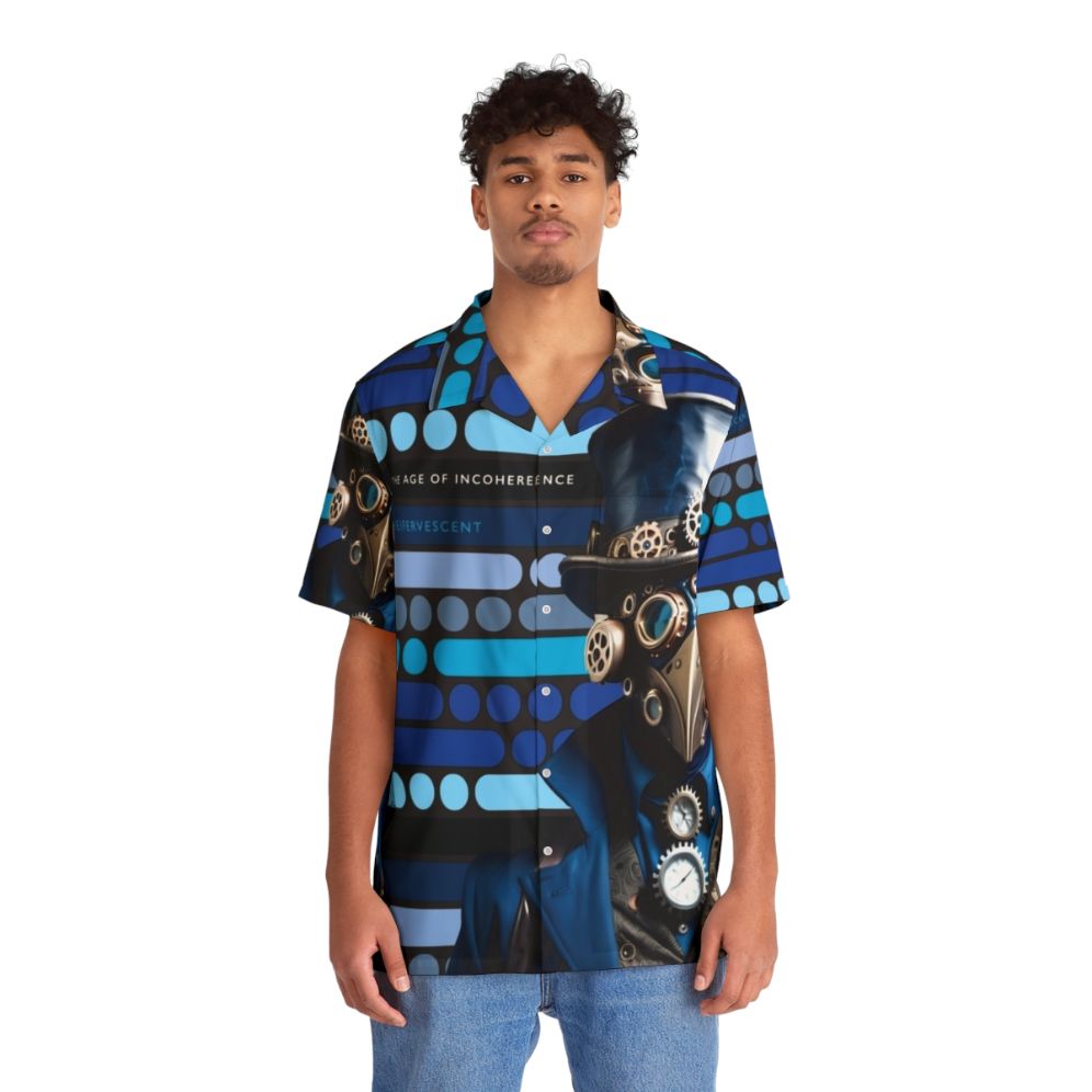 Blue steampunk Hawaiian shirt with "The Age of Incoherence" design - People Front