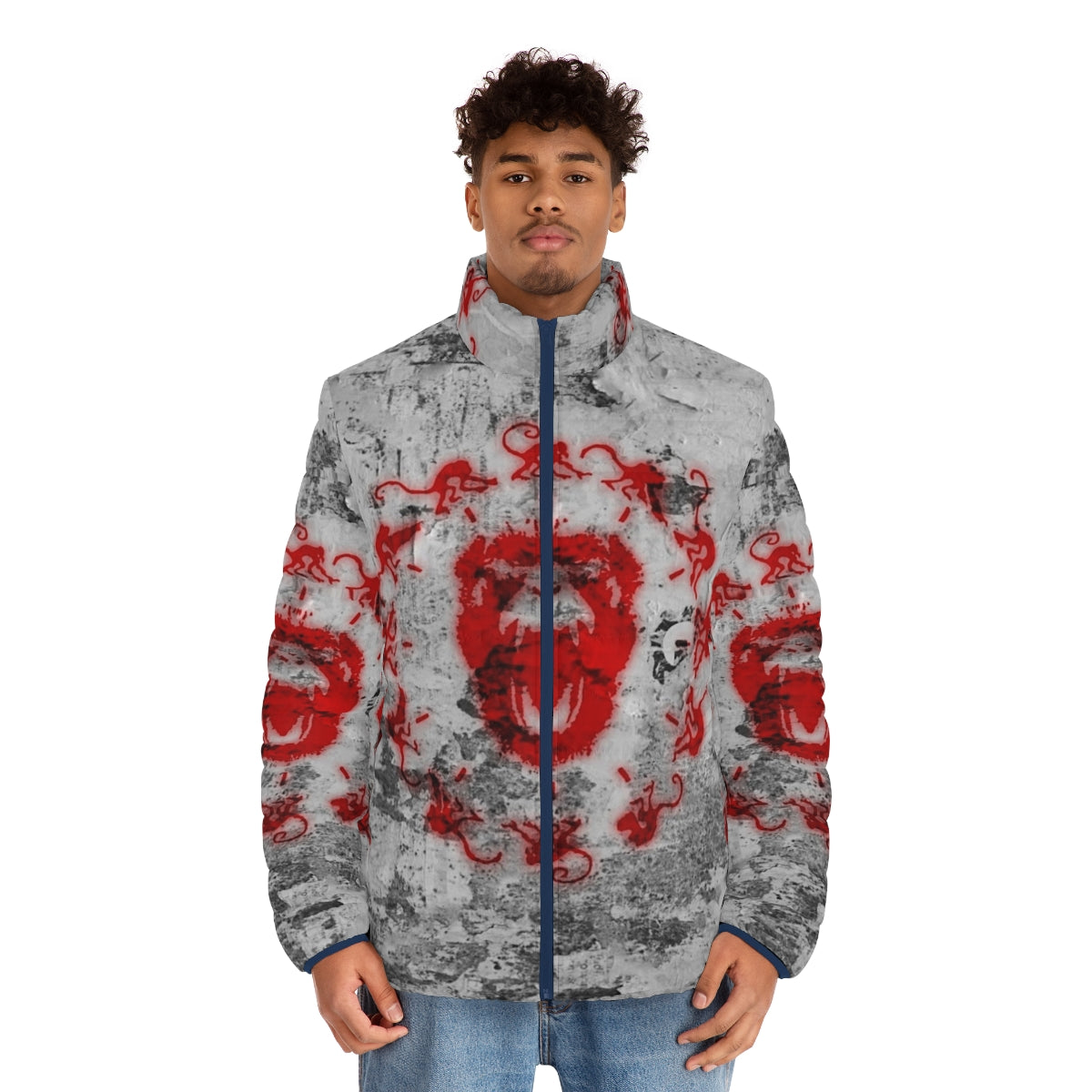 "Army of the 12 Monkeys" themed puffer jacket with billboard design - men front