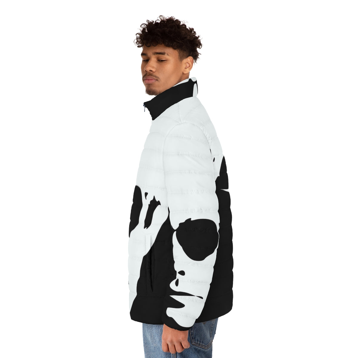 Colorful Warhol-inspired puffer jacket with abstract pop art patterns - men side left