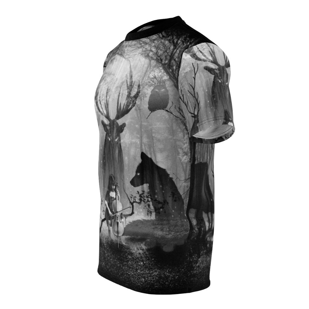 Enchanting forest cello music t-shirt with deer, fox, and wolf in a dreamy, fairytale-like woodland setting - men left