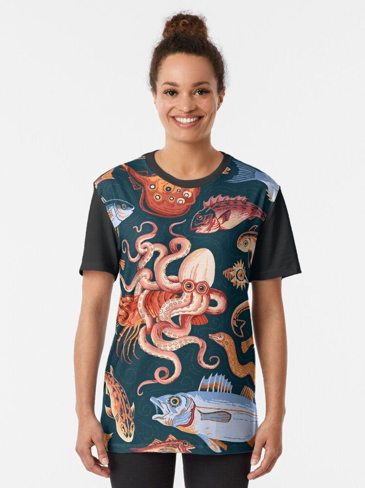 A graphic t-shirt featuring an illustration of an ancient Roman mosaic from Pompeii, depicting ocean life such as an octopus and fish. - Women