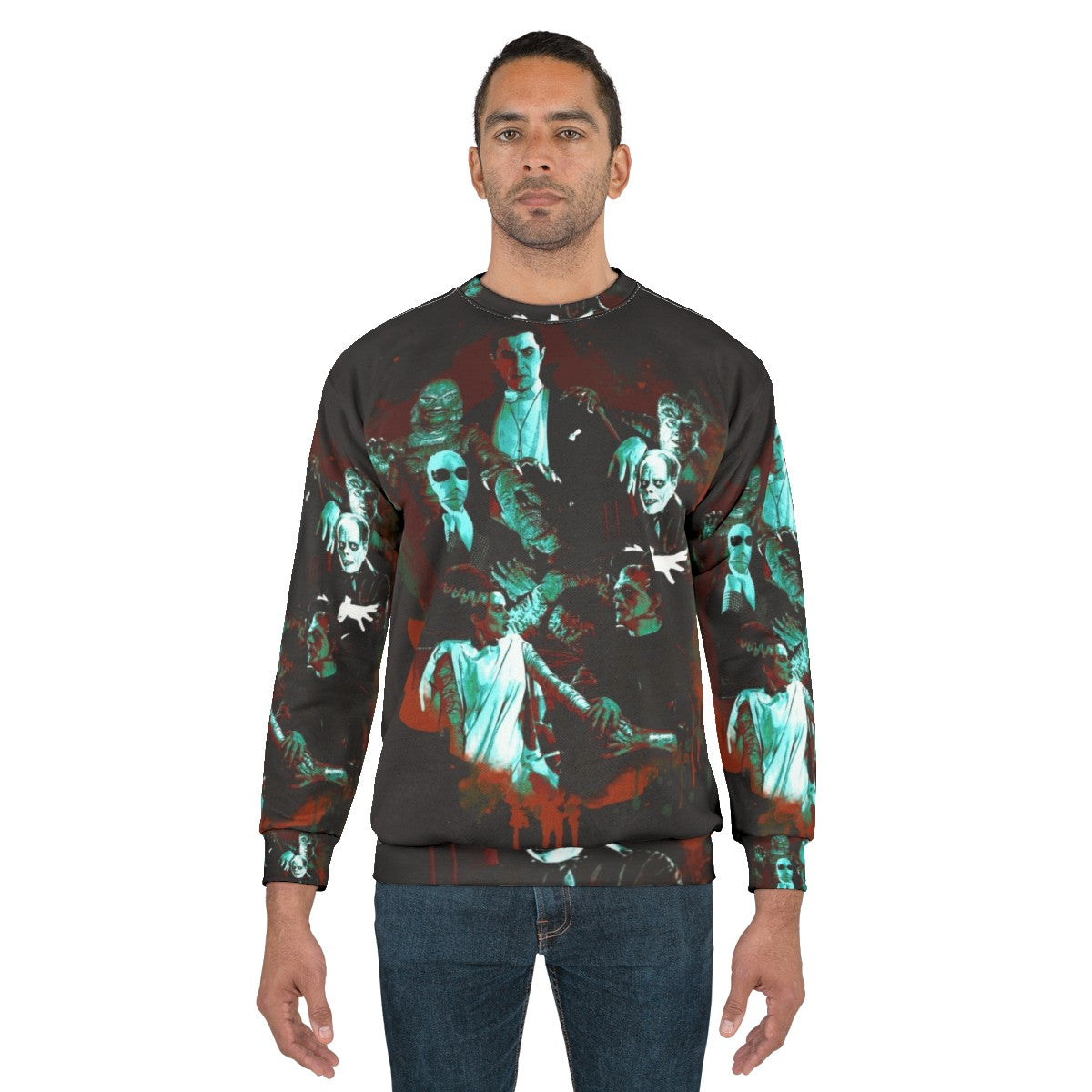 Classic Universal Monster Sweatshirt featuring Dracula, Frankenstein, Mummy, and other iconic horror characters - men