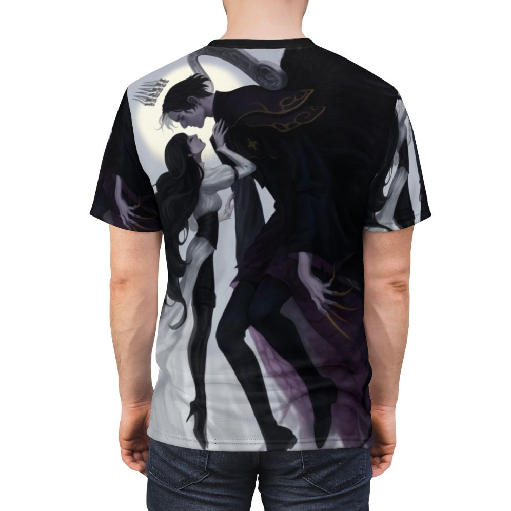 Intriguing Death and the Maiden inspired print on a high-quality t-shirt, perfect for Final Fantasy XIV fans. - men back