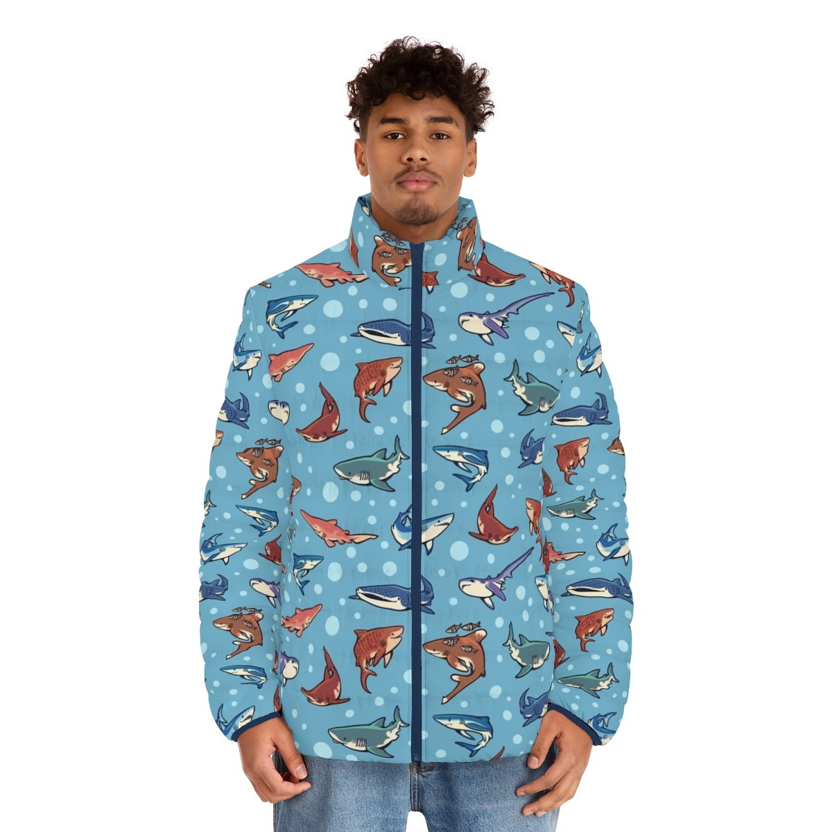 Sharks in the Light Blue Puffer Jacket - Stylish and Sustainable Outerwear - men front