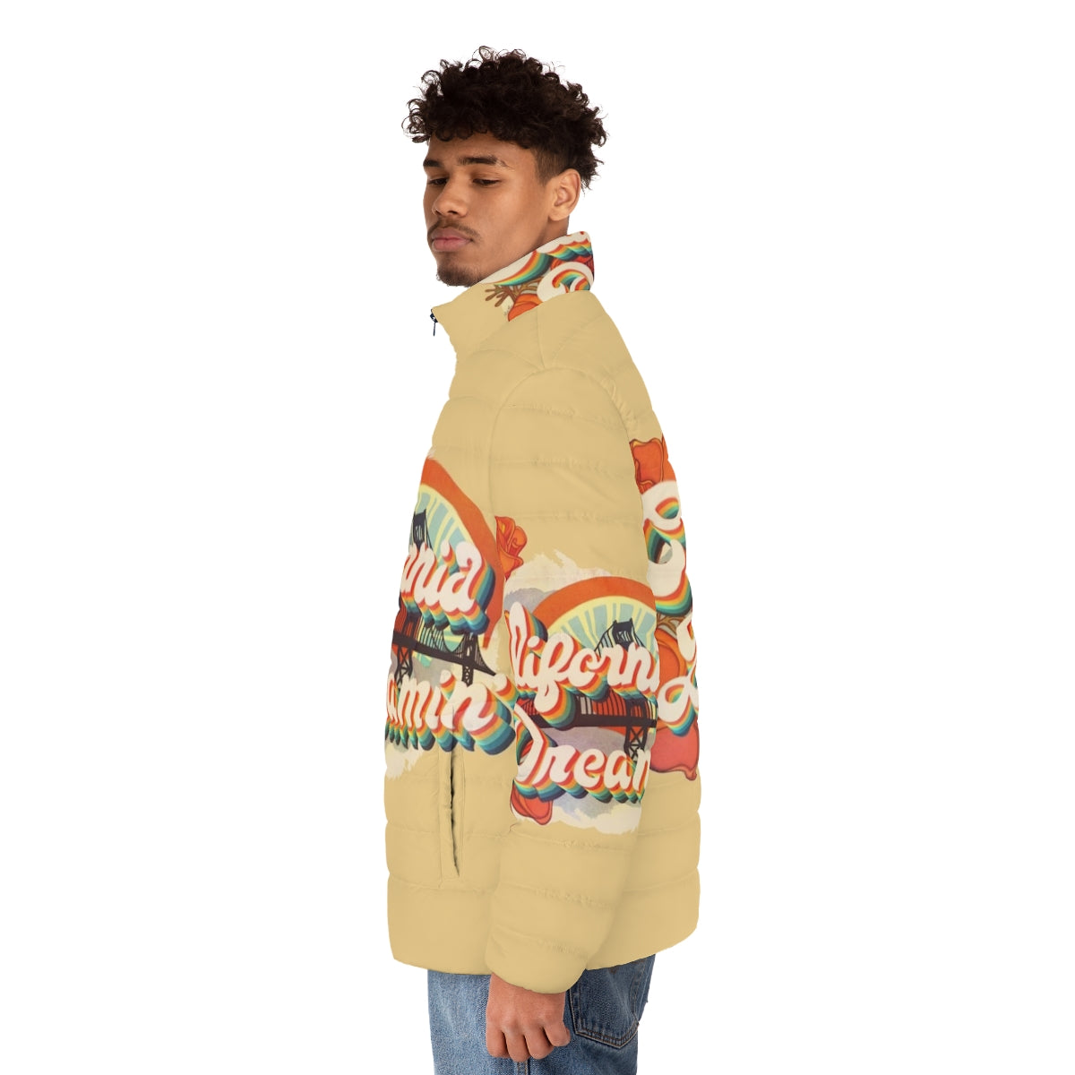 Vintage California Dreamin' puffer jacket with psychedelic music-inspired graphics - men side left